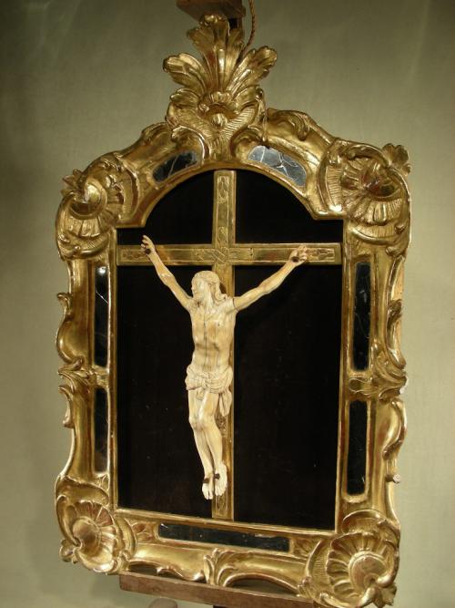 Masterfully Antique Wall Crucifix Ivory Frame Wood 18 thC
