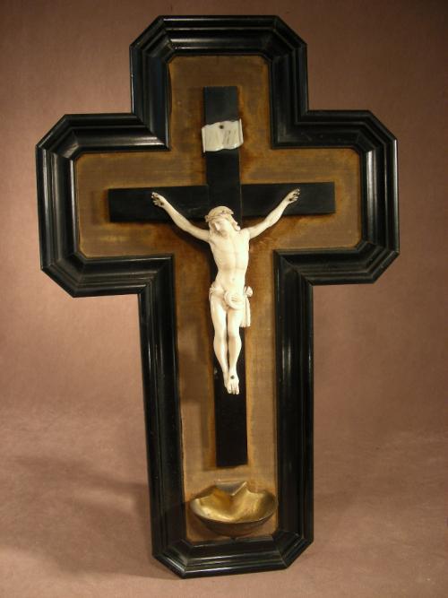Antique Holy Water Wall Crucifix Ivory