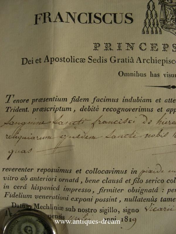 Relic EX Linteo  St Francisi De Hieronimo .With Document Authentique 1819