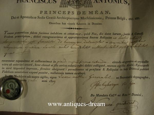 Relic EX Linteo  St Francisi De Hieronimo .With Document Authentique 1819